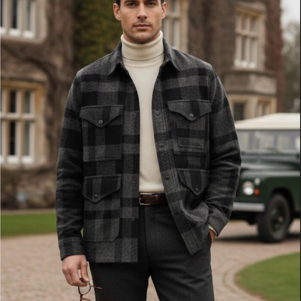 RRL Ralph Lauren Men's Gray and Black Plaid Shirt Jacket - Picture 2 of 10